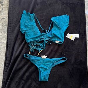 The Bikini Lab Teal Tie-Front Bikini Top with Gold Accents